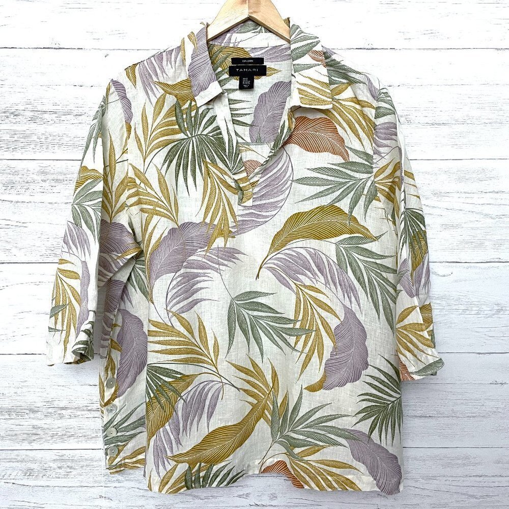 Tahari Women's Ivory Leaf Print Linen Tunic Top Lightweight 3/4 Sleeves size 2X